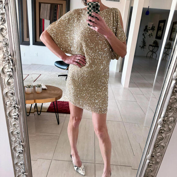 Stunning Cache Sequined Golden Mini Dress - Size 4 - Picture 1 of 9